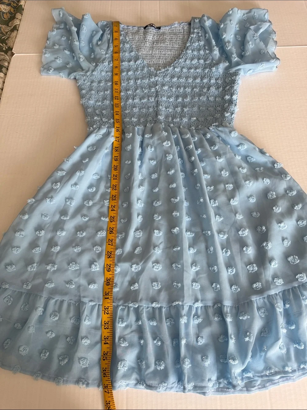 Light Blue Textured Midi Dress with V-Neck